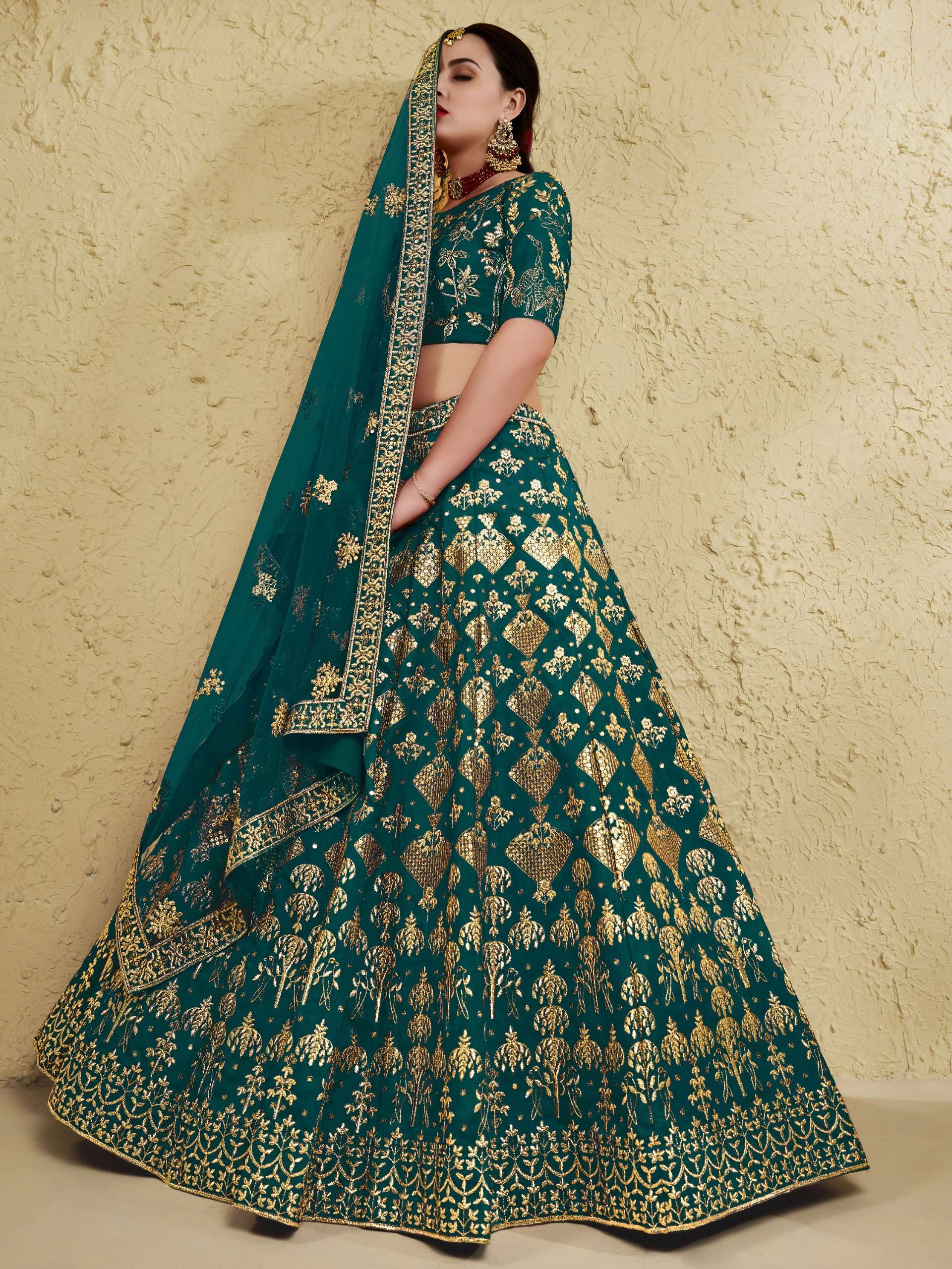  Emerald Colour with fancy Heritage Embroidered work on art silk fabric Lehenga Choli 7055 Green